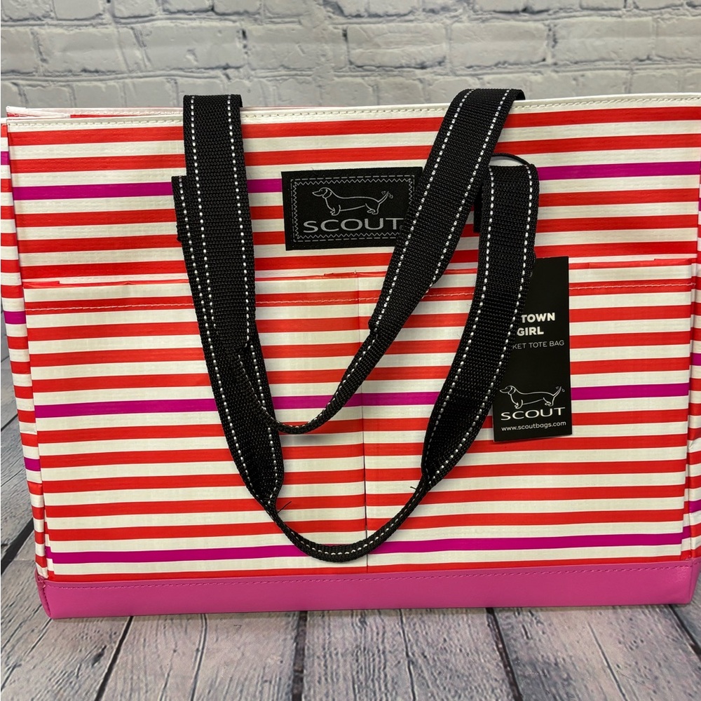 NWOT- SCOUT Pink Red Striped Tote with Black Handles